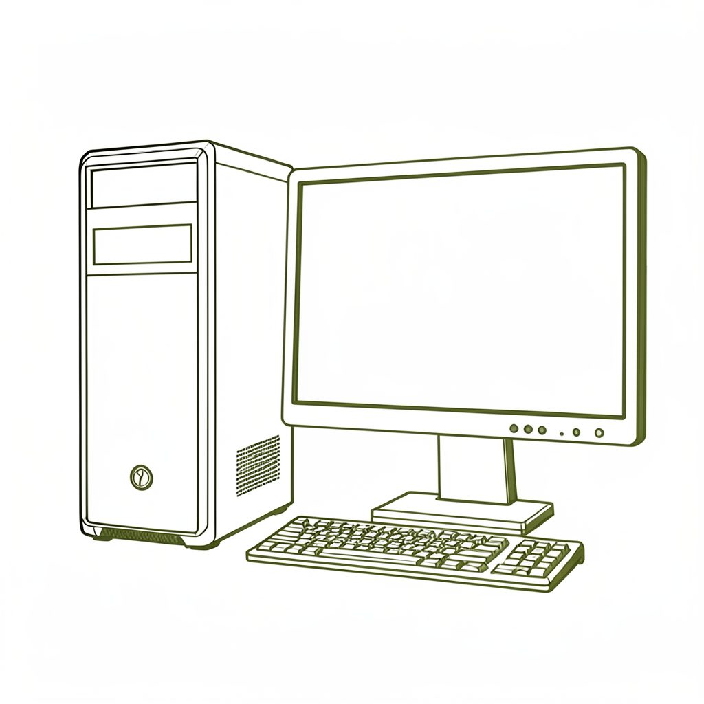 Simple line-art depiction of a desktop computer tower and monitor in a clean white and olive green palette