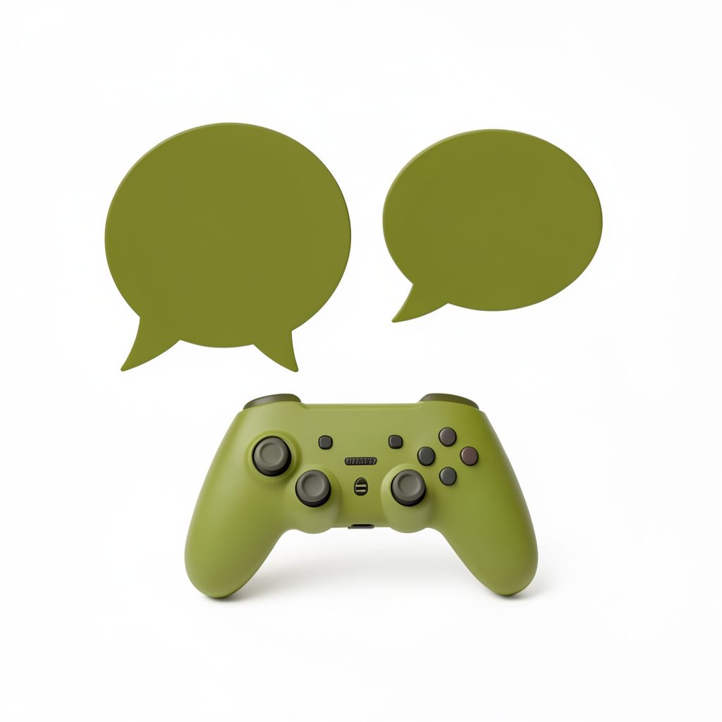 Minimalist illustration of speech bubbles and a game controller in olive green on a white field, conveying community discussion