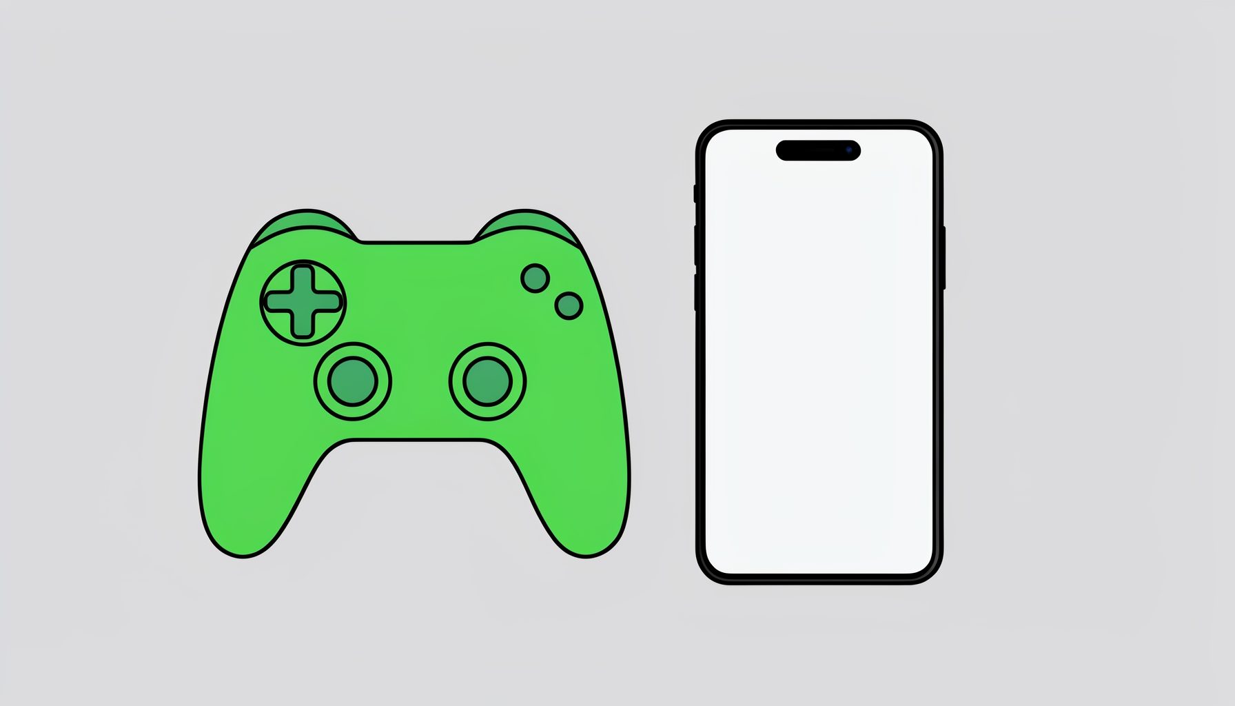 Flat illustration of a green game controller and a smartphone side by side on a light grey background, simple line art style