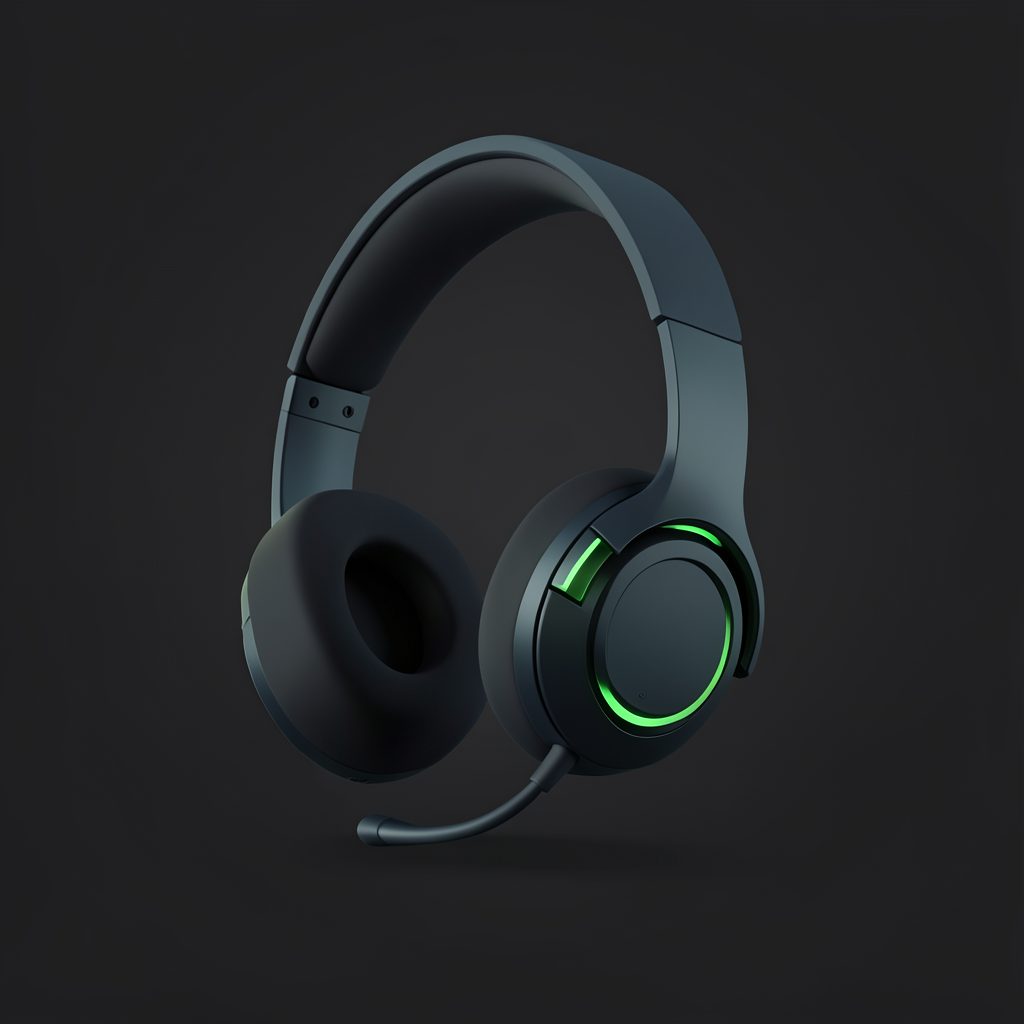 Abstract illustration of a gaming headset silhouette against a dark charcoal background with subtle green accents