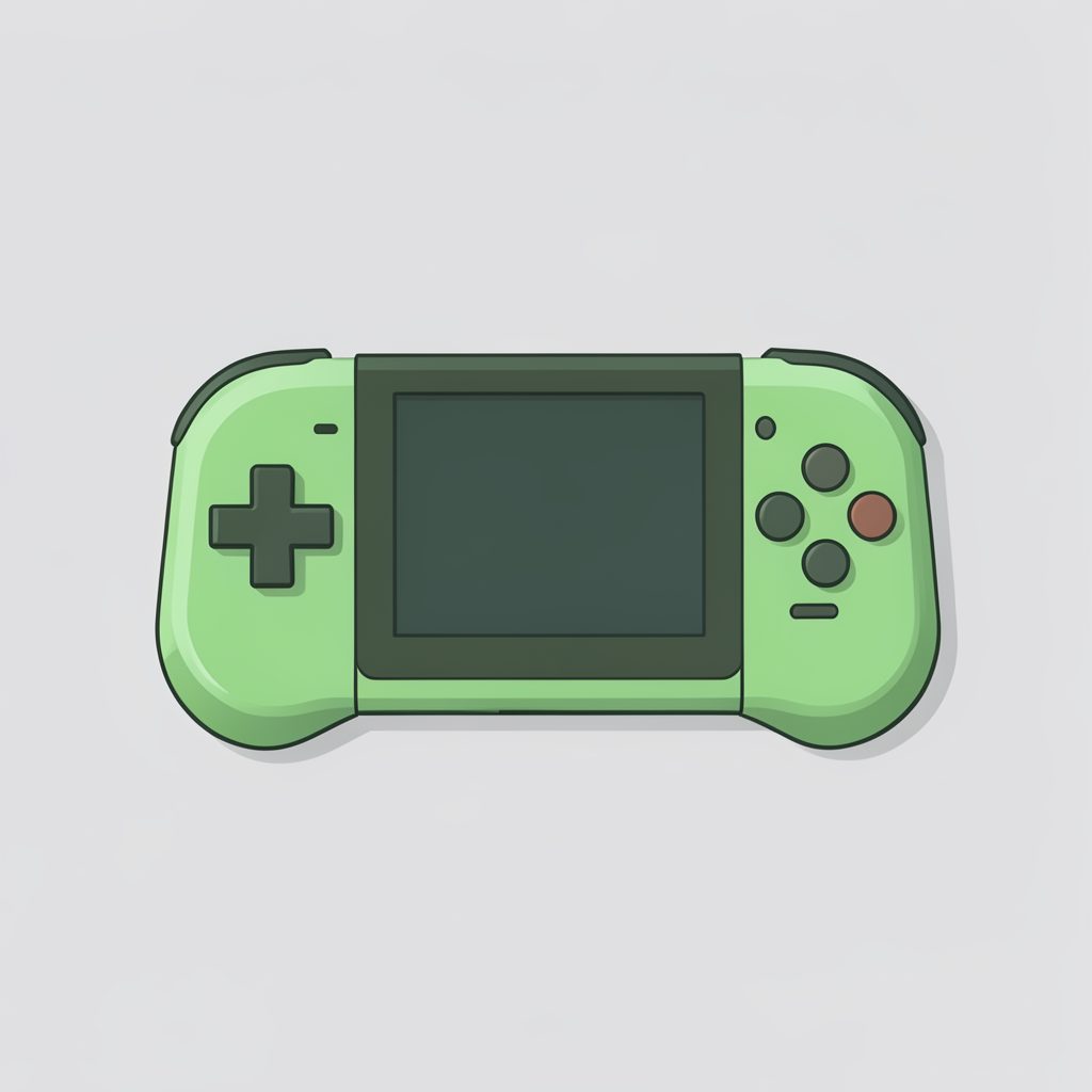 Flat vector illustration of a handheld game console with soft green highlights on a light grey field