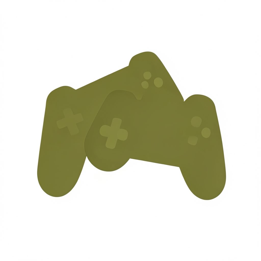 Simple flat illustration of overlapping game controller silhouettes in olive green against a white background