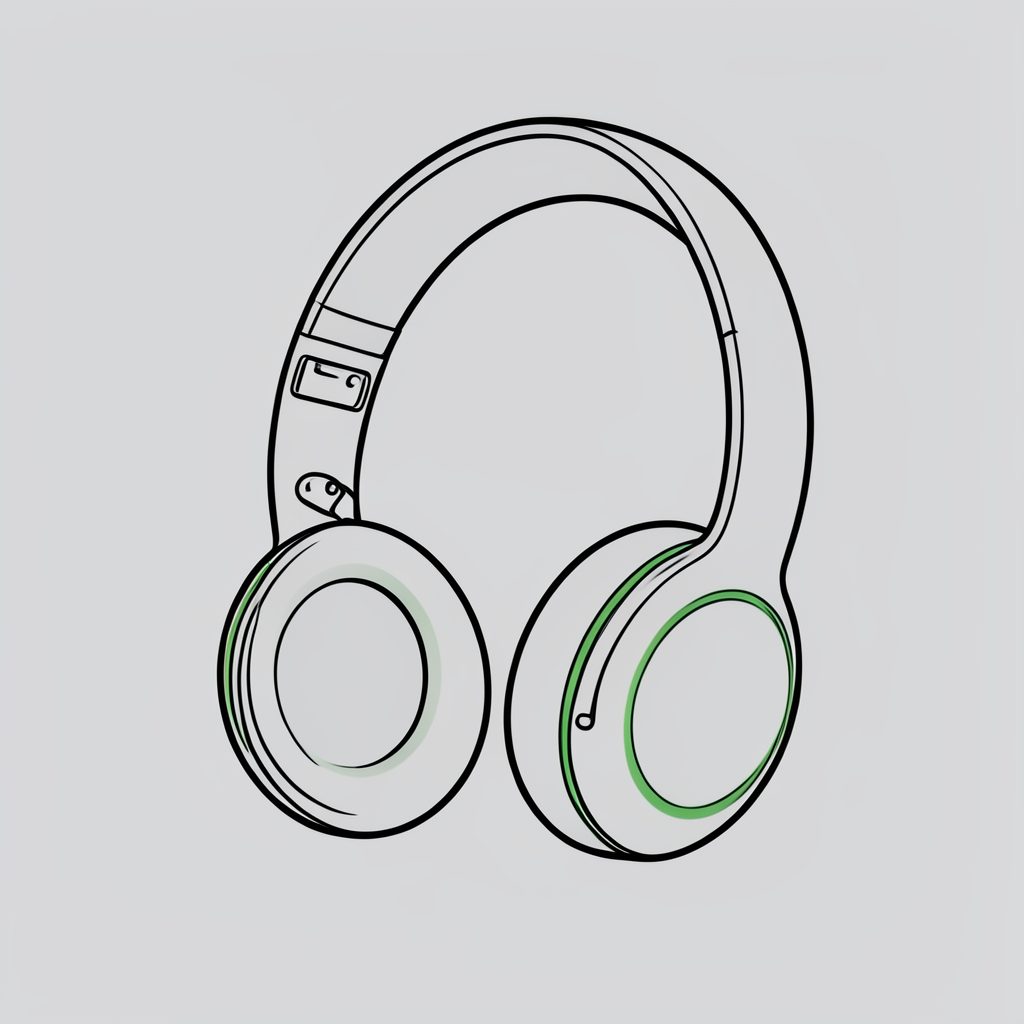 Clean line-art illustration of a pair of over-ear headphones with a subtle green accent ring, on a light grey background