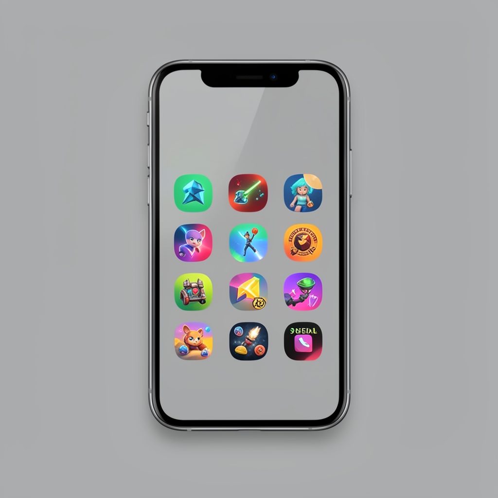 Minimalist illustration of a smartphone displaying colorful game icons on screen, set against a neutral grey backdrop