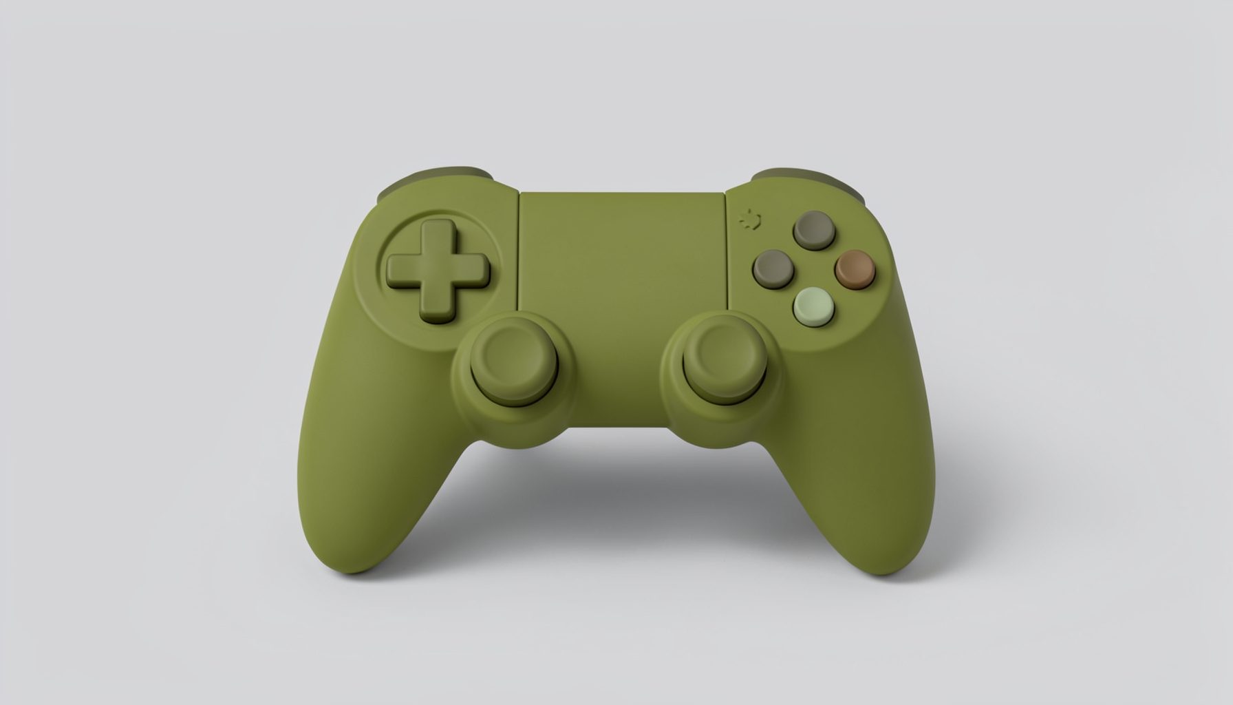 Minimalist illustration of a game controller with olive green accents on a light grey field
