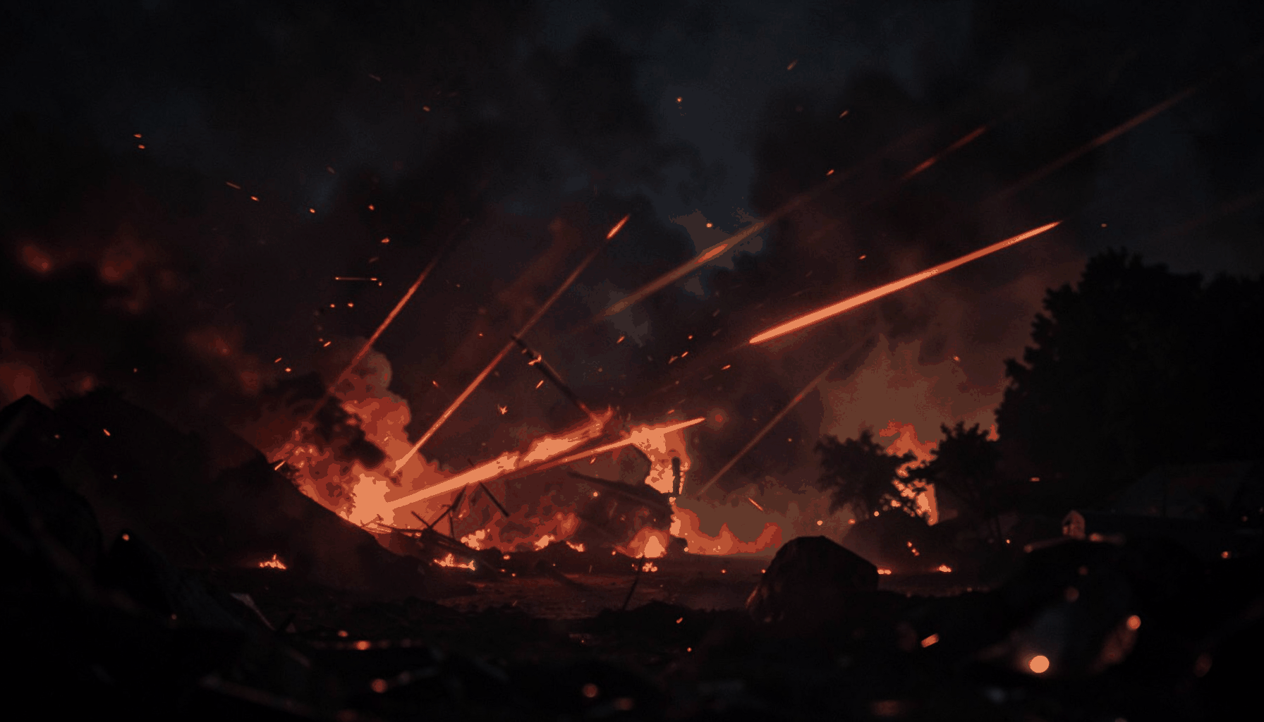 Dark atmospheric scene with fiery red and orange streaks suggesting intense combat action
