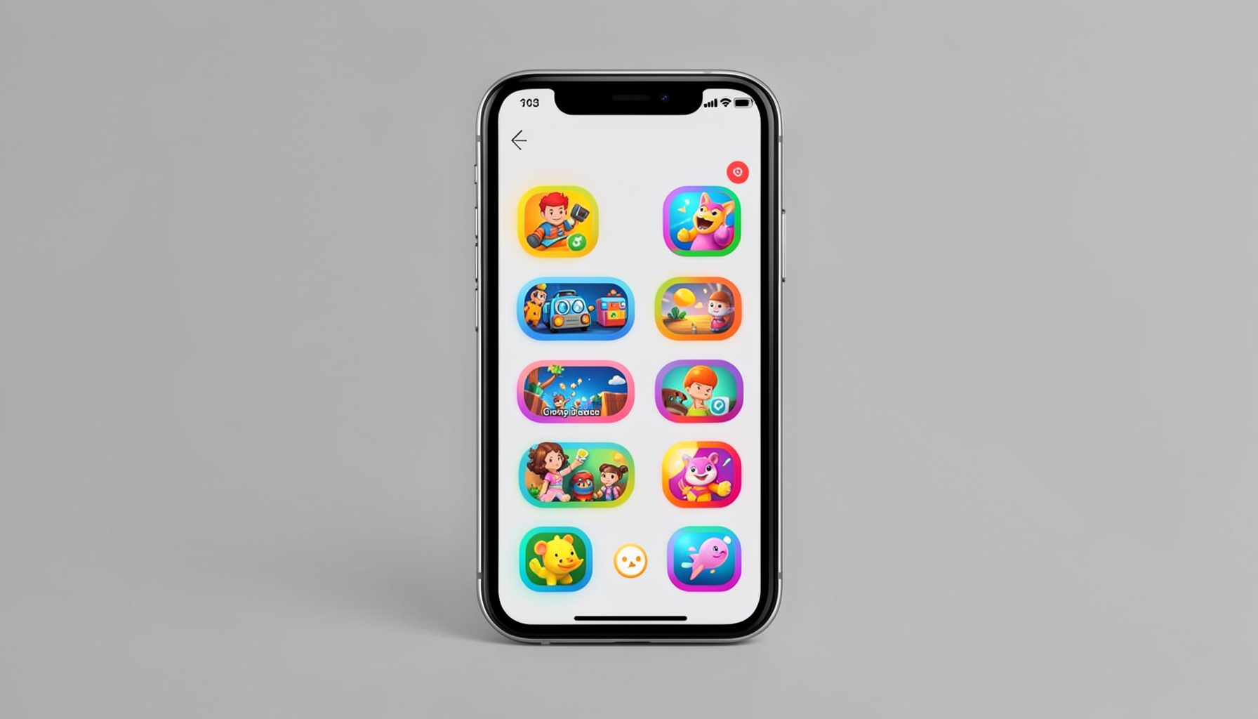 Smartphone displaying colorful game icons on a neutral grey backdrop, minimalist style