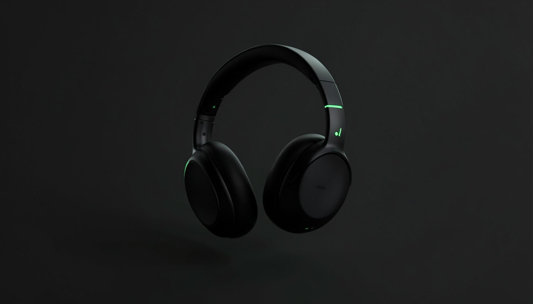 Abstract gaming headset silhouette against a dark charcoal background with subtle green accents