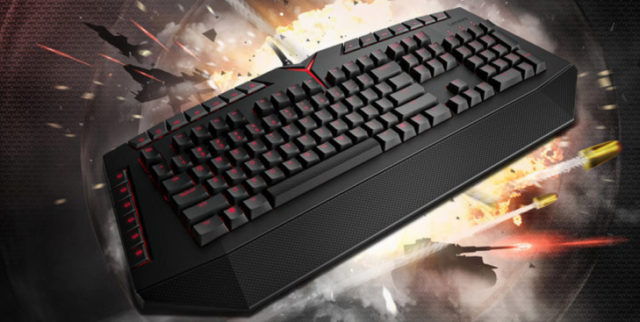 Black gaming keyboard with red backlit keys, dramatic dark background with fire and light streak effects